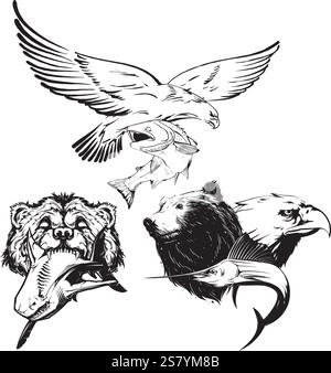 Three drawings of a bear and an eagle hunting fish Stock Vector