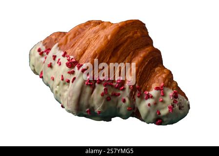 Crispy sweet red croissant with pistachio, raspberry and strawberry on a white background Stock Photo