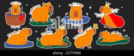 Funny capybara stickers set with text. Set of exotic rodents swimming in pond, relaxing with birds, eating leaves, walking. Hand drawn vector illustra Stock Vector