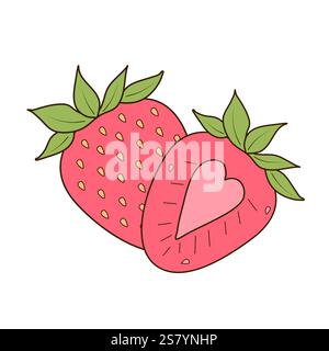 Pink strawberries whole and half. Strawberry set with tasty, fresh and juicy summer berries. Flat vector illustration on white background. Stock Vector