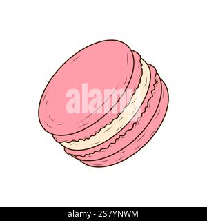 Sweet, crispy pink macaroon with buttercream. French pastry on white background. Vector illustration in flat, cartoon style for cafe, bakery, bistro Stock Vector