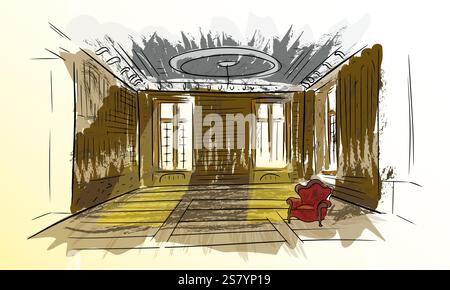 A room in an abandoned house with a red armchair. A linear sketch painted with careless brushstrokes. 3D vector illustration. To create advertising po Stock Vector