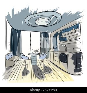 Kitchen interior concept. A linear sketch painted with careless strokes. 3D vector illustration. To create advertising posters, booklets, presentation Stock Vector