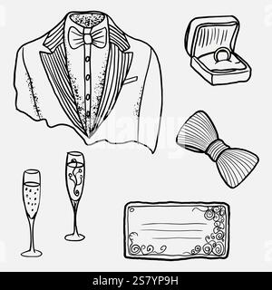 A set of men's wedding attributes. Vector illustration in style a freehand sketch. A wedding tailcoat, a ring, a couple of glasses of champagne, an in Stock Vector