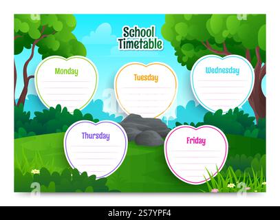 School Timetable vector background with forest themed schedule design Stock Vector