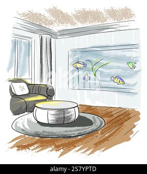 The interior concept of a recreation room with an aquarium in the wall. A linear sketch painted with careless brushstrokes. 3D vector illustration. To Stock Vector