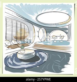 The interior concept of a lounge with a bar. A linear sketch painted with careless strokes. 3D vector illustration. To create advertising posters, boo Stock Vector