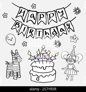 Illustration of a birthday. Cute vector image for birthdays, coloring pages, cards in freehand drawing style. A girl in a festive hat, flags, balloons Stock Vector