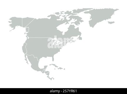 Vector outline of North America, Greenland and Gulf of Mexico. Gray map on white background. World map Stock Vector