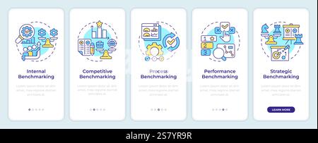 Types of benchmarking onboarding mobile app screen Stock Vector