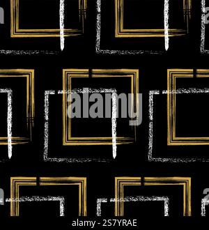 Seamless pattern created with brush strokes in a grunge style. Repeating gold, black and white color square grunge shapes. Perfect for textile design, Stock Vector