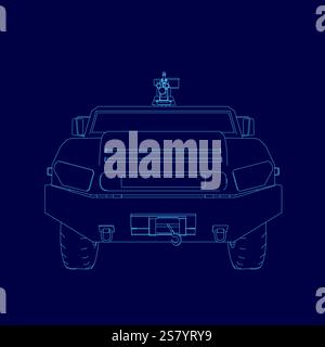 Blue line drawing of a car with a gun on top. The car is a military vehicle Stock Vector
