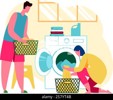 Young man carrying laundry basket and woman loading clothes into washing machine while kneeling, performing household chores together in the laundry room Stock Vector