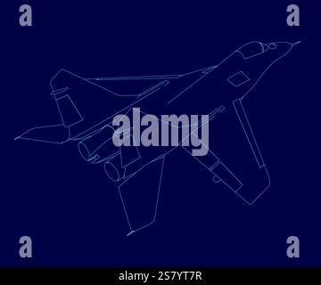 Blue airplane is drawn. The plane is a fighter jet. The image is of a blue background. Isometric view Stock Vector