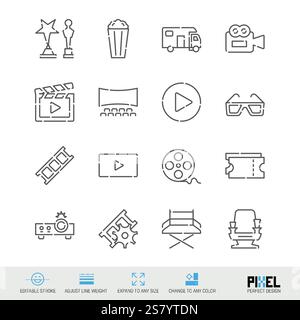 Cinema, movie theater related vector line icon set isolated on white. Pixel perfect design. Editable stroke. Adjust line weight. Expand to any size. C Stock Vector