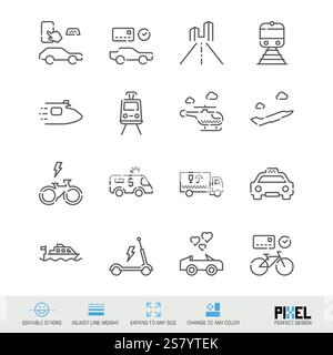 City transport related vector line icon set isolated on white. Pixel perfect design. Editable stroke. Adjust line weight. Expand to any size. Change t Stock Vector