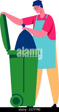 Janitor wearing an apron is throwing a garbage bag into a large green wheeled bin, emphasizing the importance of waste management and recycling for a cleaner environment Stock Vector