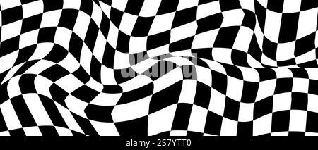 Chess wavy board optical visual illusion, checkerboard banner template. Black and white checkers squares, vector abstract background Stock Vector