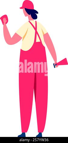 Cleaning lady dressed in vibrant red overalls, holding a rag and spray bottle, preparing to begin cleaning, viewed from behind against a crisp white background Stock Vector