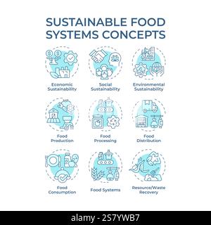 Sustainable food systems soft blue concept icons Stock Vector