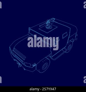 Blue drawing of a military vehicle with a gun on top. Stock Vector