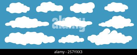 Set of cartoon clouds. White cloud set isolated in flat design on blue sky background. Vector illustration weather element or pattern art. Stock Vector