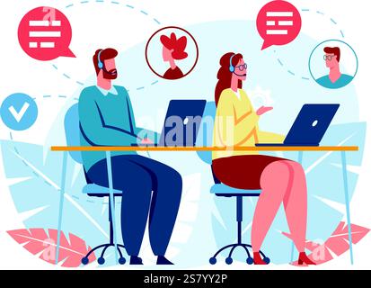 Call center operators wearing headsets are working with laptops and talking to clients, providing online customer service and technical support Stock Vector