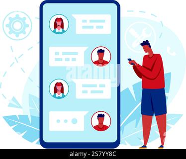Customer engaging with a mobile app, chatting with customer service for technical support, exchanging messages and receiving prompt responses from operators for assistance Stock Vector