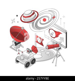 Uncharted planets- isometric black and red line illustration Stock Vector