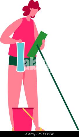 Cleaning service worker preparing cleaning tools for washing windows and other surfaces, holding a rag and a glass wiper with a bucket at her feet Stock Vector
