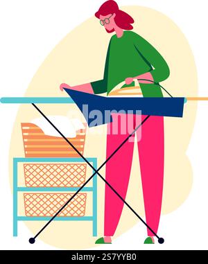 Young woman ironing clothes on an ironing board, surrounded by a basket of freshly laundered linen, engaging in routine housework and maintaining a tidy home environment Stock Vector