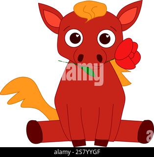 Vector illustration graphic line horse cute character with rose in teeth on transparent background. Poster, emblem composition, hand drawn style print Stock Vector