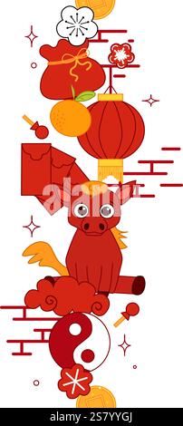 Chinese New Year of horse seamless vertical border. Vector graphic line illustration in red and gold colors,design with frame and ornament, year of th Stock Vector