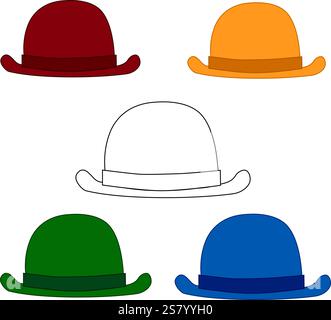 Colored hat line icon on white transparent background. Vector hat set in red, yellow, green and blue colors. Stock Vector