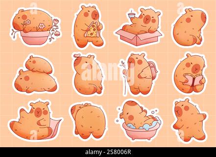 Childish plushy capybaras set. 12 cute animals with book pizza pillow bed bath backpack. Stock Vector