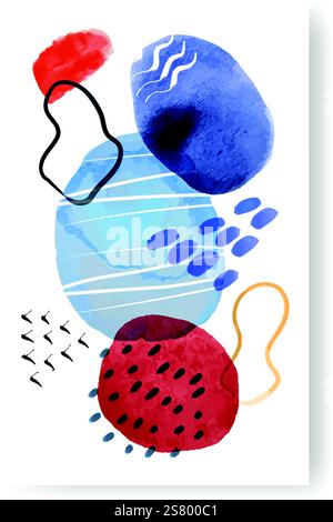 Modern abstract composition featuring overlapping watercolor shapes in blue and red, accented with lines and dots, creating a vibrant and artistic visual Stock Vector