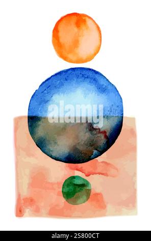 Abstract watercolor painting featuring orange, blue and green circles on textured background, creating a modern and artistic composition with a touch of elegance Stock Vector