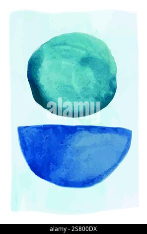 Abstract watercolor painting featuring a turquoise circle and a dark blue semicircle on a light blue background, creating a simple yet evocative composition Stock Vector
