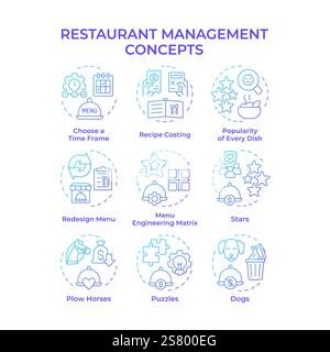 Restaurant management blue gradient concept icons Stock Vector