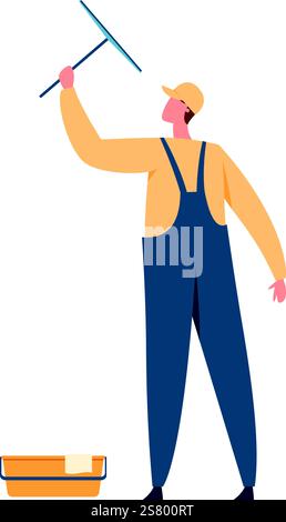 Professional window cleaner in blue overalls and a yellow shirt, meticulously washing windows with a squeegee and bucket, highlighting the importance of cleanliness in service industry work Stock Vector