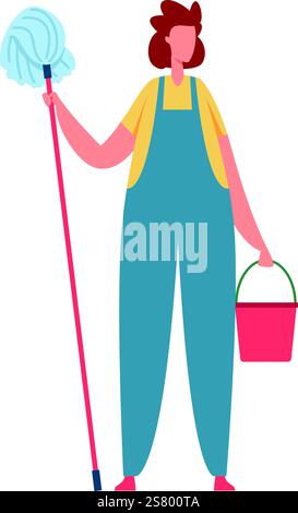 Professional cleaning service worker holding a mop and bucket, dressed in a uniform, preparing to tackle household chores and ensure a spotless and hygienic home environment Stock Vector