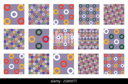 Festive seamless vector patterns with colorful rings and circles, perfect for Christmas, Xmas, and New Year designs. Great for holiday-themed backgrou Stock Vector