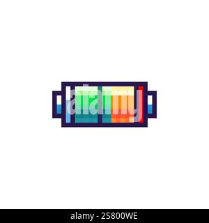 Vector charge indicator icon in pixel 8 bit style. Battery vector. Pixel accumulator icon. Energy storage vector. Stock Vector