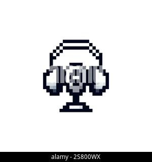 Headphones with microphone vector. Pixel headset icon in 8 bit style. Microphone between headphones vector. Stock Vector