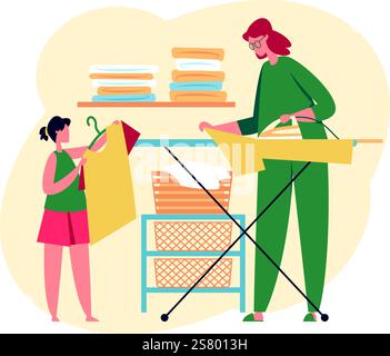 Mother ironing clothes on ironing board and daughter hanging clean laundry on clothes rack. Family doing housework together. Household chores. Housekeeping. Home duties. Routine domestic work concept Stock Vector