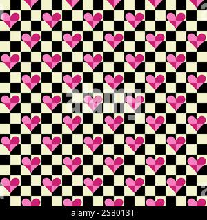 Checker board, bright heart shape abstract seamless pattern. Decorative geometrical grid. Black white pink shades vintage colours palette. Graphical Stock Vector
