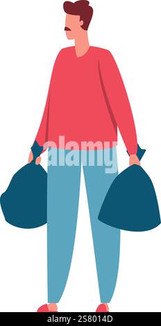 Man taking out two garbage bags, cleaning and recycling concept, volunteering and social work, cleaning service, separate waste collection, environmental protection, vector illustration Stock Vector
