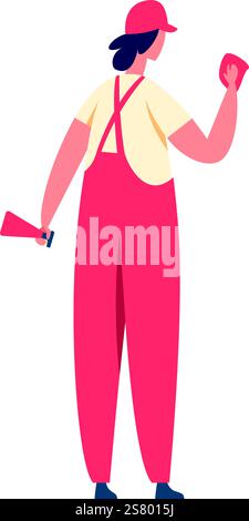 Female gas station worker wearing red overalls and cap cleaning windshield with spray bottle and cloth, seen from behind, full length portrait on white background Stock Vector