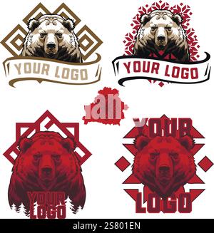 Logos with a bear s head and patterns in the Slavic style. Stock Vector
