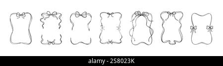 Set of aesthetic ribbon scroll rectangle frames. Cute line doodle scribble, squiggle drawings. Coquettish girly elegant style. Vedding, Christmas, val Stock Vector